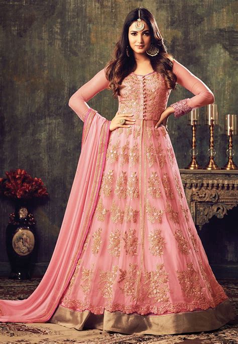 Embroidered Net Abaya Style Suit In Peach In 2021 Party Wear Dresses Designer Party Wear