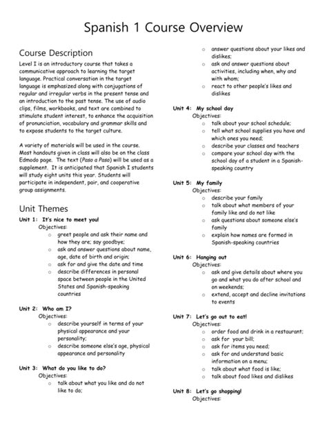 Spanish 1 Course Overview