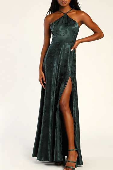 Elegant Sophistication Emerald Satin Jacquard Halter Maxi Dress Best