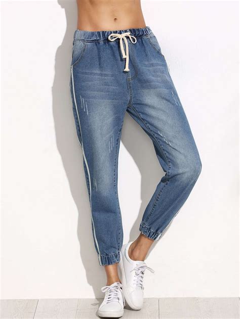 Side Stripe Elastic Cuff Jeans Romwe