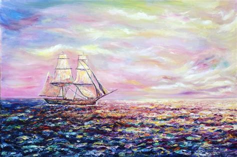 An Oil Painting Of A Sailboat In The Ocean At Sunset With Clouds Above It