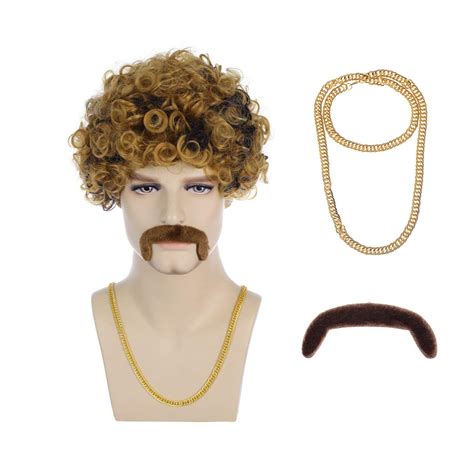 Incohair 70s 80s Disco Wigs With Chain And Moustach Short Curly Disco