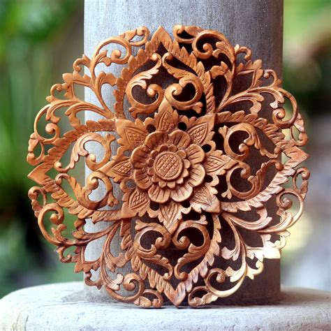 Artisan Hand Carved Floral Wood Relief Panel From Bali Lotus Blossom