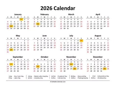 Download 2026 Calendar Printable With Us Holidays Weeks Start On Sunday