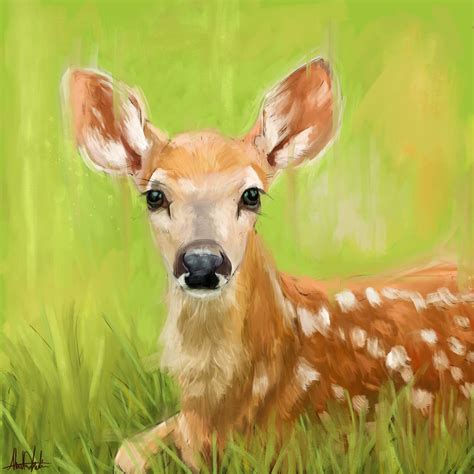 Artstation Cute Deer Baby Painting With Green Background Painted By