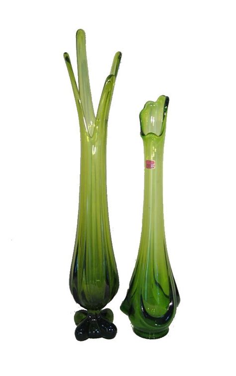 2 Vintage Viking Glass Tall Vases Swung Green Stretch Pair Etsy