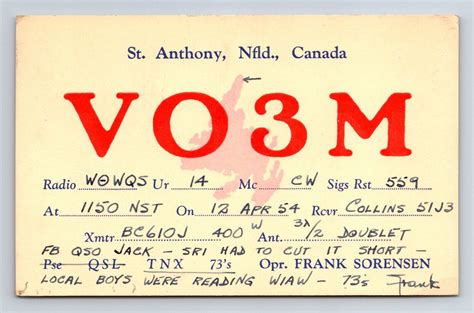 Vintage Ham Radio Cb Amateur Qsl Qso Postcard Vo3m Newfoundland Canada 1954 Ebay