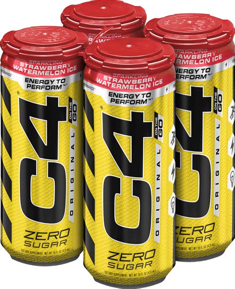 C4 Original Carbonated Pre Workout Drink Strawberry Watermelon Ice Four 16 Oz Cans