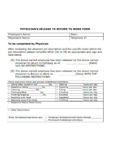 Free 4 Return To Work Doctors Note Samples In Pdf