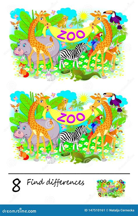 Logic Puzzle Game For Children Need To Find 8 Differences Zoological