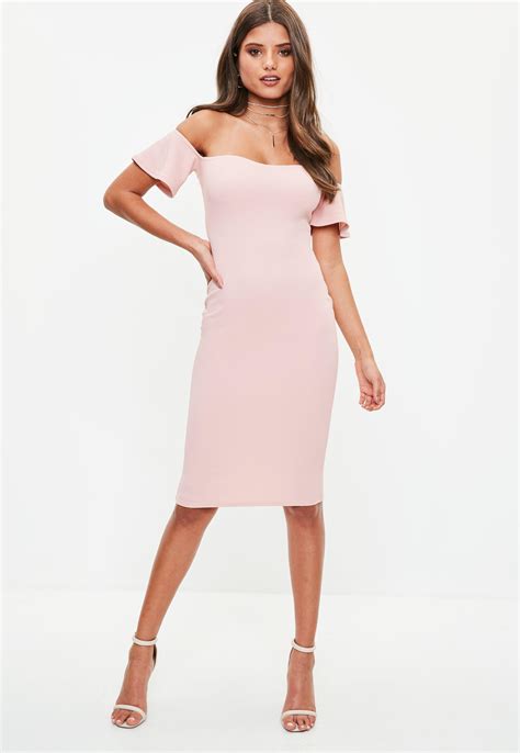 Missguided Synthetic Pink Bardot Bodycon Midi Dress Lyst