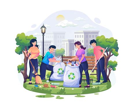 Premium Vector People Are Cleaning Up Trash In The Park On World