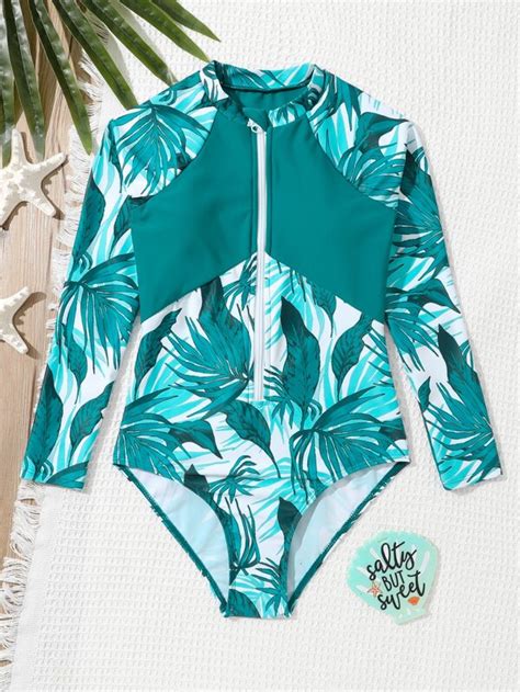 Shein Teen Girls Tropical Print Zipper Front One Piece Swimsuit Shein Uk