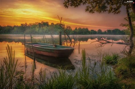 Trees Viewes Sunrise Boat Lake Ships Wallpapers 2048x1353