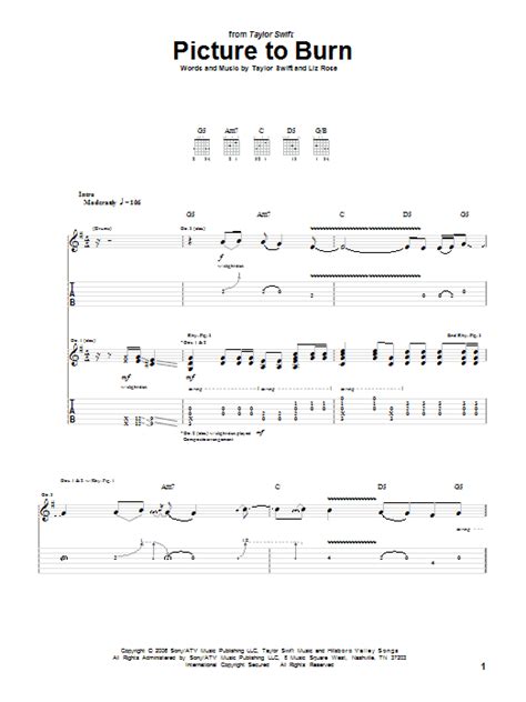 Picture To Burn Sheet Music Taylor Swift Guitar Tab