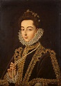 Infanta Catalina wears a dark dress with gold trim in this 1582 ...