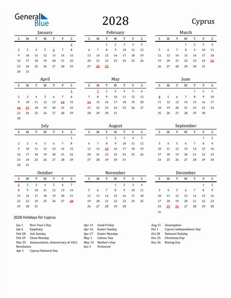 2028 Cyprus Calendar With Holidays