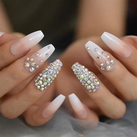 Nude White Ombre Long Coffin Nails Rhinestones Ready To Ship Etsy