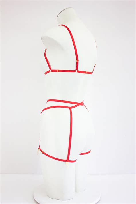 Red Body Harness Lingerie Set Red Garter Belt Cage Bralette Costume Harness Triangle Bra