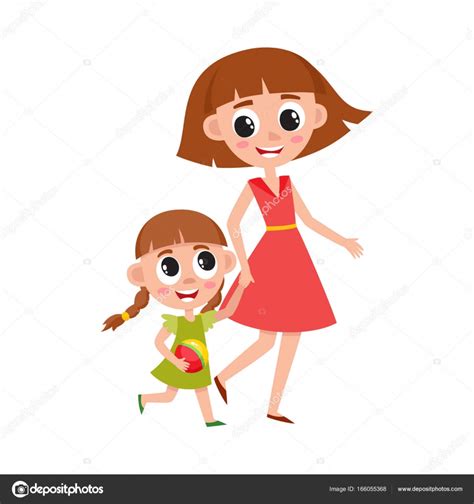 Mother And Daughter Little Girl Walking With Mom — Stock Vector