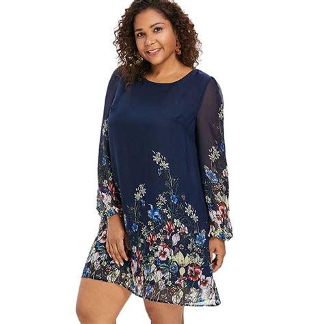 Plus Size Long Sleeve Floral Printed Tunic Women Dress Floral Print