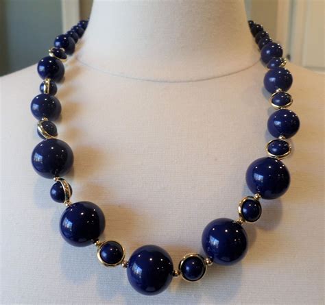 Trifari Tagged Navy Blue And Gold Tone Beaded Necklace Etsy Beaded