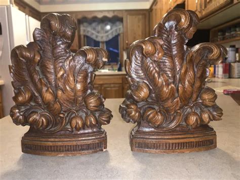 Vintage Mcm Syroco Wood Composite Bookends Flowers Fancy Leaves Set No
