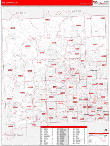 Oakland County Mi Zip Code Wall Map Red Line Style By
