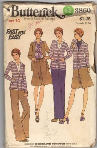 1970s Butterick 3860 Misses Cardigan Jacket Inverted Pleat Skirt And Pants Pattern Womens