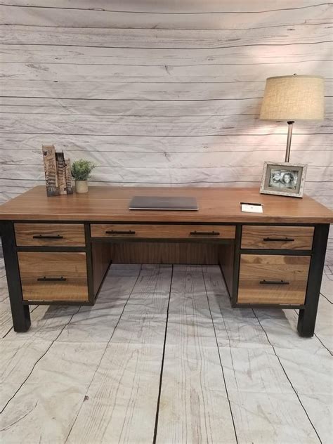 Industrial Office Desk Walnut Metal Desk Modern Executive Etsy In