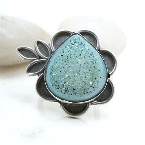 Turquoise Druzy Ring Sterling Silver Flower Leaf One Of A Kind Jewelry