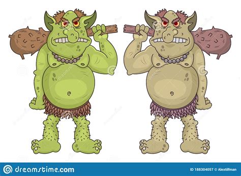 Giant Funny Cartoon Ogres Holds A Wooden Clubs Cute Fantasy Mythical