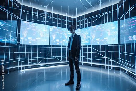 A Man Standing In Front Of Multiple Television Screens And Looking At