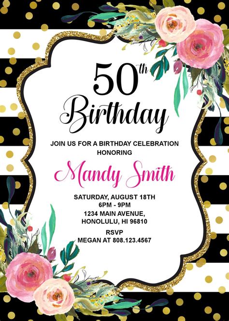 50th Birthday Invitation Women Birthday Invite Pink Floral Etsy