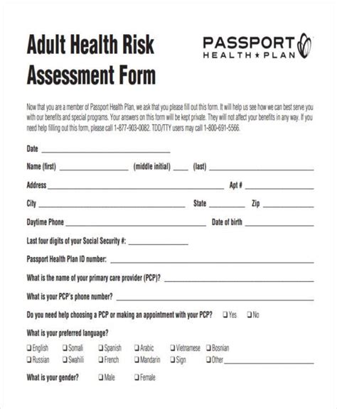 Risk Assessment Form Health Care