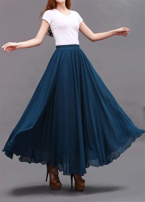 Plus Size Long Chiffon Skirt Teal Blue Chiffon Skirt High Waisted
