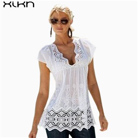 women white lace blouses 2017 summer chiffon blouse v neck cotton shirts ladies causal hollow