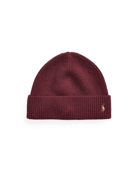 Polo Ralph Lauren Mens Ribbed Polo Player Beanie Wine Red Wool Hat