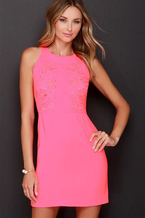 Cute Neon Pink Dress Embroidered Dress Sheath Dress 6300