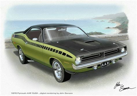 1970 Barracuda Aar Cuda Muscle Car Sketch Rendering Painting By John Samsen