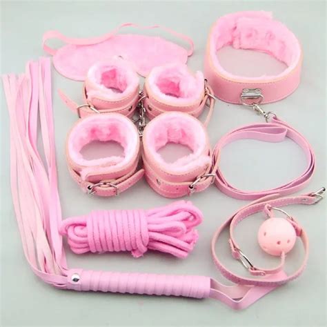 pink 7pcs set nipple clamps erotic lingerie handcuffs whip rope sex products gag mask bdsm