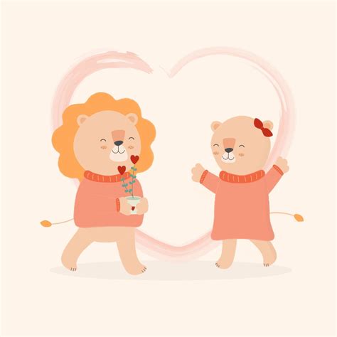 Lion And Lioness Love Vector Illustration Cartoon Flat Cute Happy Lion