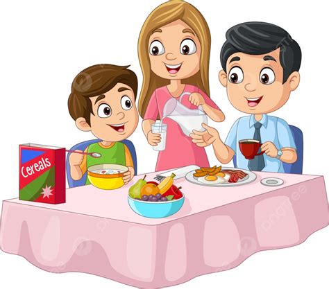Gambar Kartun Keluarga Bahagia Sedang Sarapan Di Atas Meja Makanan Kesatuan Tersenyum Png Dan