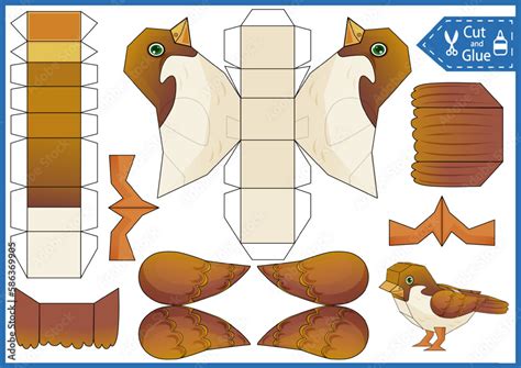 Kids Craft Game Cut And Glue Paper 3d Cute Cartoon Bird Sparrow