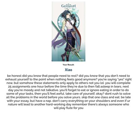 I got Xiao... fair genshin kin assignment by @H1NAKEN | Online quiz