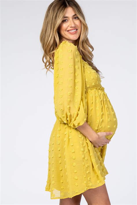 yellow textured dot smocked square neck chiffon maternity dress chiffon maternity dress