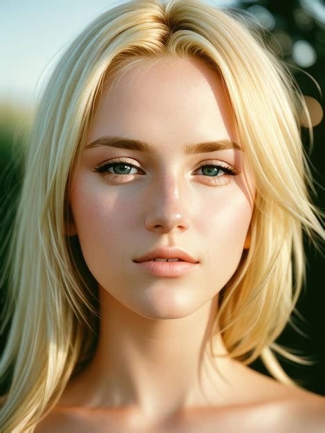 premium ai image a woman with blonde hair and blue eyes looks into the camera