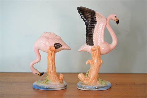 Vintage Two Pink Ceramic Flamingos Japan Figurines Mid Century Funky