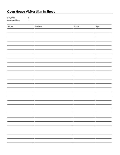 Open House Sign In Sheet Templates At