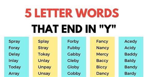 1500 Common 5 Letter Words Ending In Y In English • 7esl